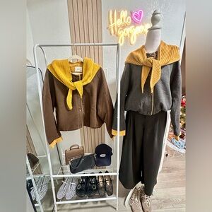 Coat with soft knit mustard scarf detail - Dark grey